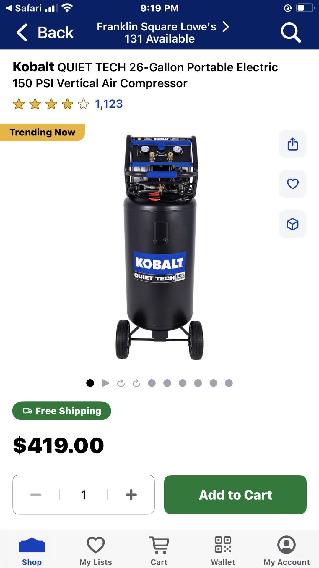 KOBALT QUIET AIRCOMPRESSOR 26GALLON