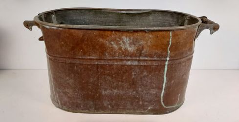 Vintage Copper Wash Boiler Tub Primitive Farmhouse Laundry Container Wood Handles
