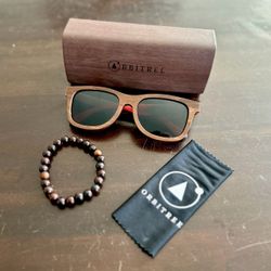 Brand New Brown Wooden Frame Sunglasses with Case, cloth and bracelet