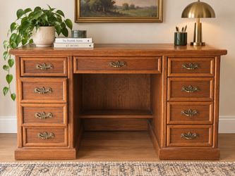 Solid Oak Pedestal Desk with Brass Hardware