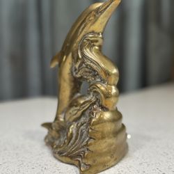 Vintage Brass Dolphin Statue – Leaping Dolphin Over Waves