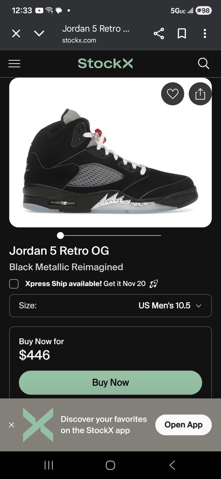 Jordan 5s Metallic 10.5 DS