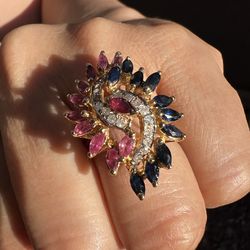 ✨ Stunning Vintage 14K Gold Ruby, Sapphire & Diamond Cocktail Ring – Statement Piece ✨