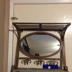 Antique Metal Shelf With Mirror And 3 Hooks To Hang Things On