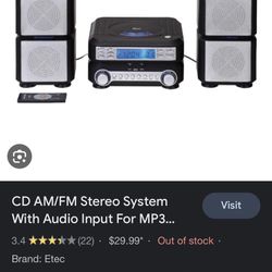 Etec CD AM/FM Stereo System With Audio Input For MP3 Players