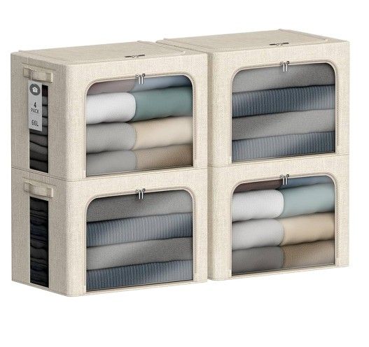 4 Pack Clothes Storage Bins with Metal Frame - 66L Stackable Storage Box with Lid,Foldable Storage Container Organizer for Clothes,Linen Fabric Storag
