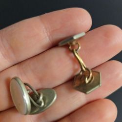 2 Single Vintage Cufflinks – Oval Mother of Pearl & Hexagon Geometric