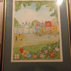 Justin Bledsoe Signed Limited Edition Print 32/275 – Whimsical Park & Village Scene – Framed