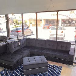 Beautiful Black Velvet Sectional With Storage Ottoman NEW