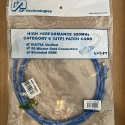 CP Technologies High Performance 550MHz Category 6 (UTP) Network Patch Cord, 5 ft Long, C6-BL-05-M * EIA/TIA Verified * 50 Micron Gold Connectors * St