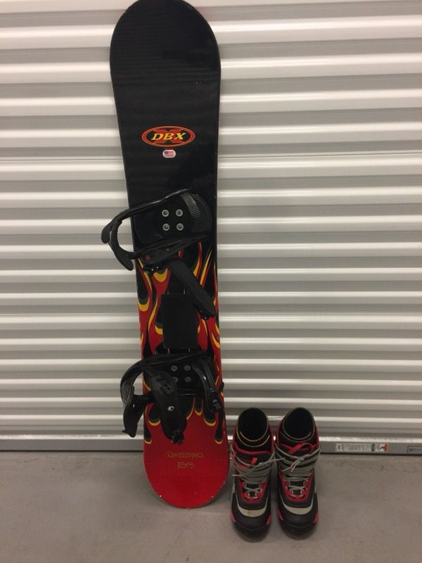 DBX Snowboard, 60 inch. Heelside Snowboard boots, size 9.