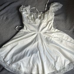 White Satin Lace Ruched Bust Dress 