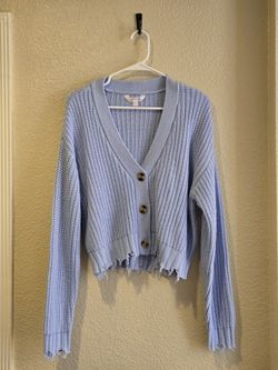 No Boundaries Light Blue Tattered/Torn Botton Up Cardigan, Size Medium 