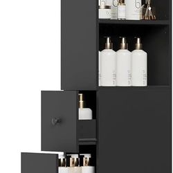 Tall Narrow Free Standing Bathroom Storage Cabinet with 3-Level Adjustable Shelves Home - Space Saver for Living Room Kitchen - Classic Black