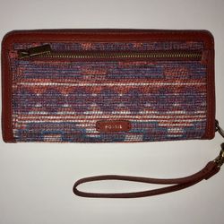 Fossil Wallet Women Brown with Tapestry Clutch Wristlet