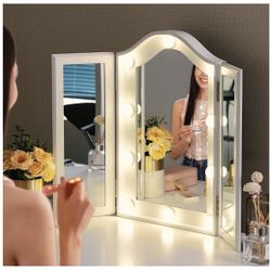 LUXFURNI Vanity Lighted Tri-fold Makeup Mirror with 10 Dimmable LED Blubs, Touch Control Lights Tabletop Hollywood Cosmetic Mirror