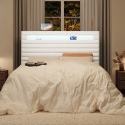 Queen Size Modern Upholstered Platform Bed with Horizontal Channel Tufting, Built-In Storage Shelf, and USB/Type-C Charging Ports
