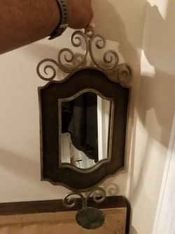 Mirror w/ candle holder; metal; grey and brown; 10 x 21-$10