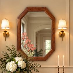 Vintage postmodern 1980s windsor wall mirror Etched Floral Solid Wood Framed Retro Octagon Art Mirror Collectible 