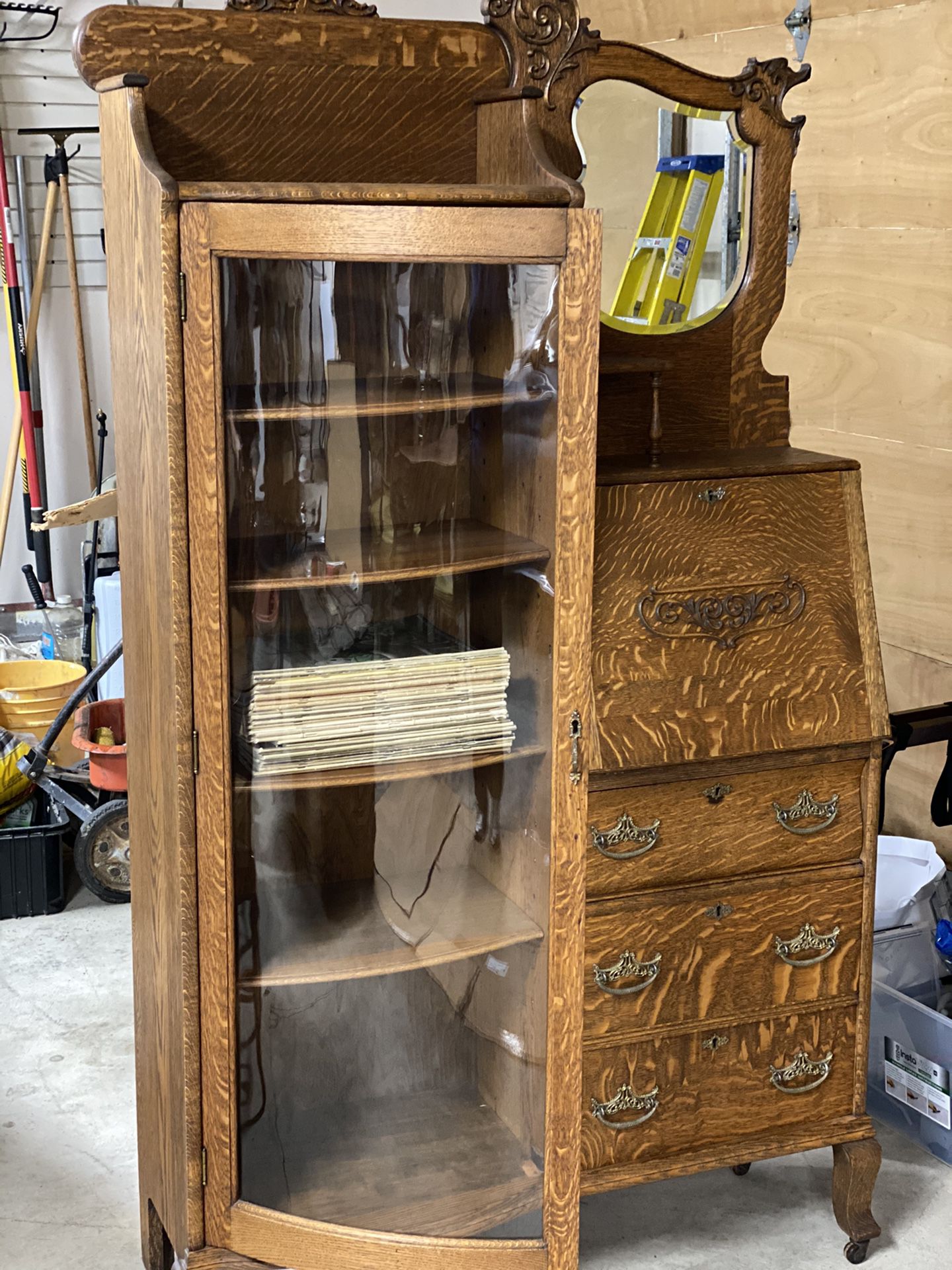 Antique oak secretary china / curio cabinet / mirror