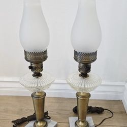 Two Vintage Electric Brass Hurricane Style Lamps With Marble & Crystal Base. In Great Condition.