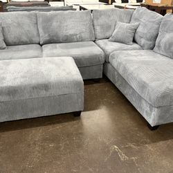 Grey Corduroy Sectional With Ottoman 