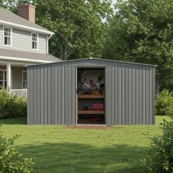 13×11ft New Outdoor Storage Shed Has Two Functions: Metal Shed And Firewood Shed , More Suitable For Winter , Grey