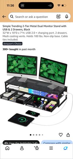 Dual Monitor Stand with USB & Drawers