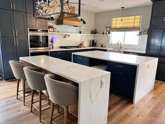 4 Upholstered Counter Stools – Gold & Wood Accents