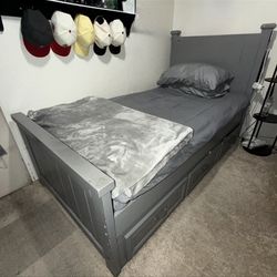 Gray Twin Bed Frame with Storage Drawers + Mattress