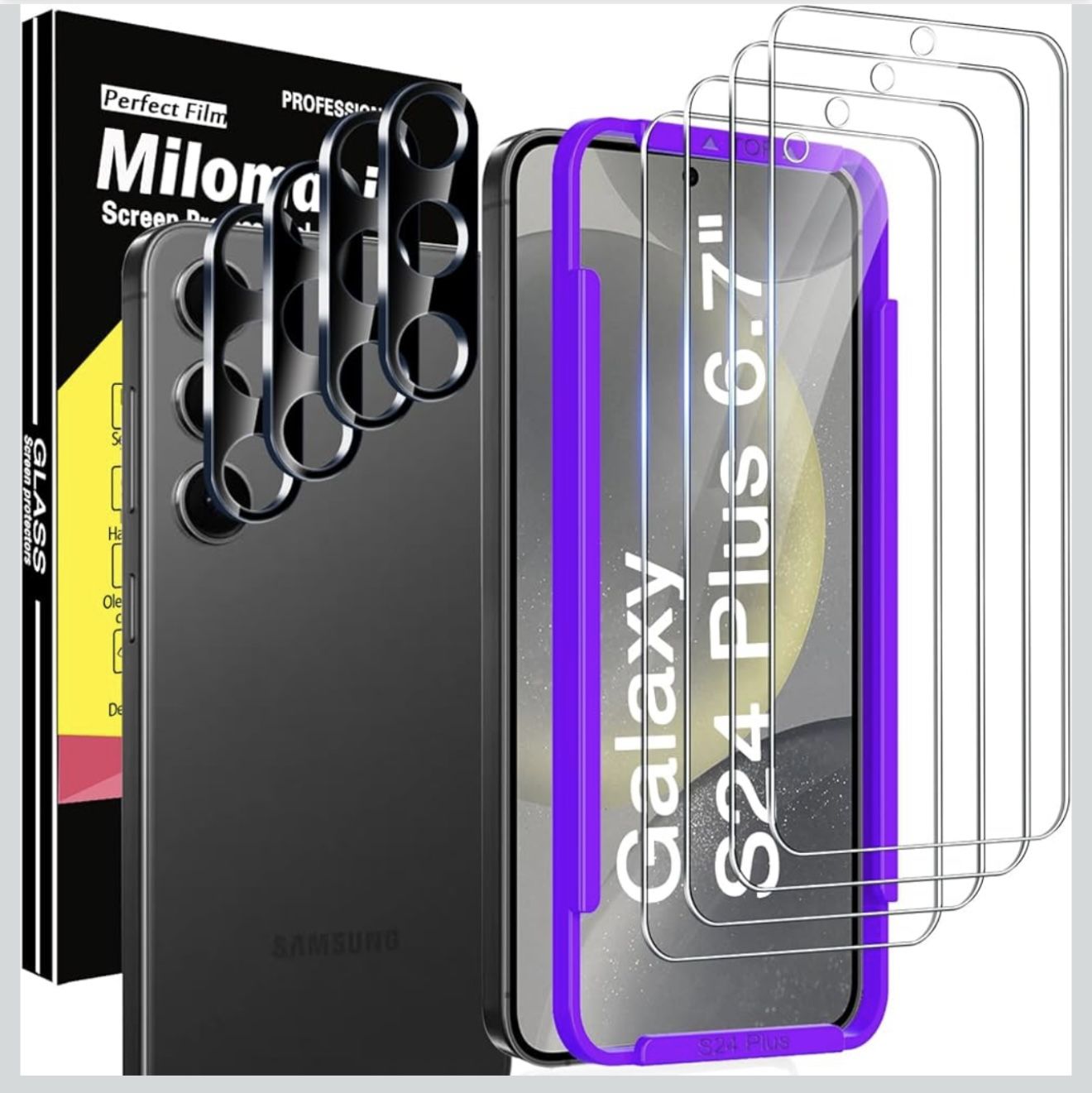 Milomdoi 4 Pack Screen Protector for Samsung Galaxy S24 Plus 6.7 Inch with 4 Pack Tempered Glass Camera Lens Protector, Ultra 9H Accessories, Case Fri