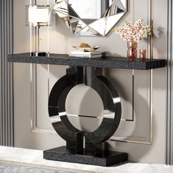 New assembled NY269 43-Inch Mirrored Console Table with O-Shaped Base, Modern Entryway Table Glass Sofa Table with Mirror Finish, Rectangle Narrow Acc