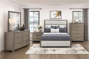 Bedroom set 4 pc Light Grey finish, Beige Chenille fabric upholstery, New Especial price 1019