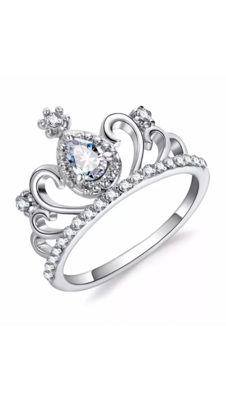 White Crystal Silver Crown Ring