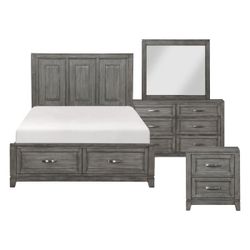 Brand New Gray Queen Storage Bedframe + Dresser + Mirror + Nightstand 4PCs Bedroom Set