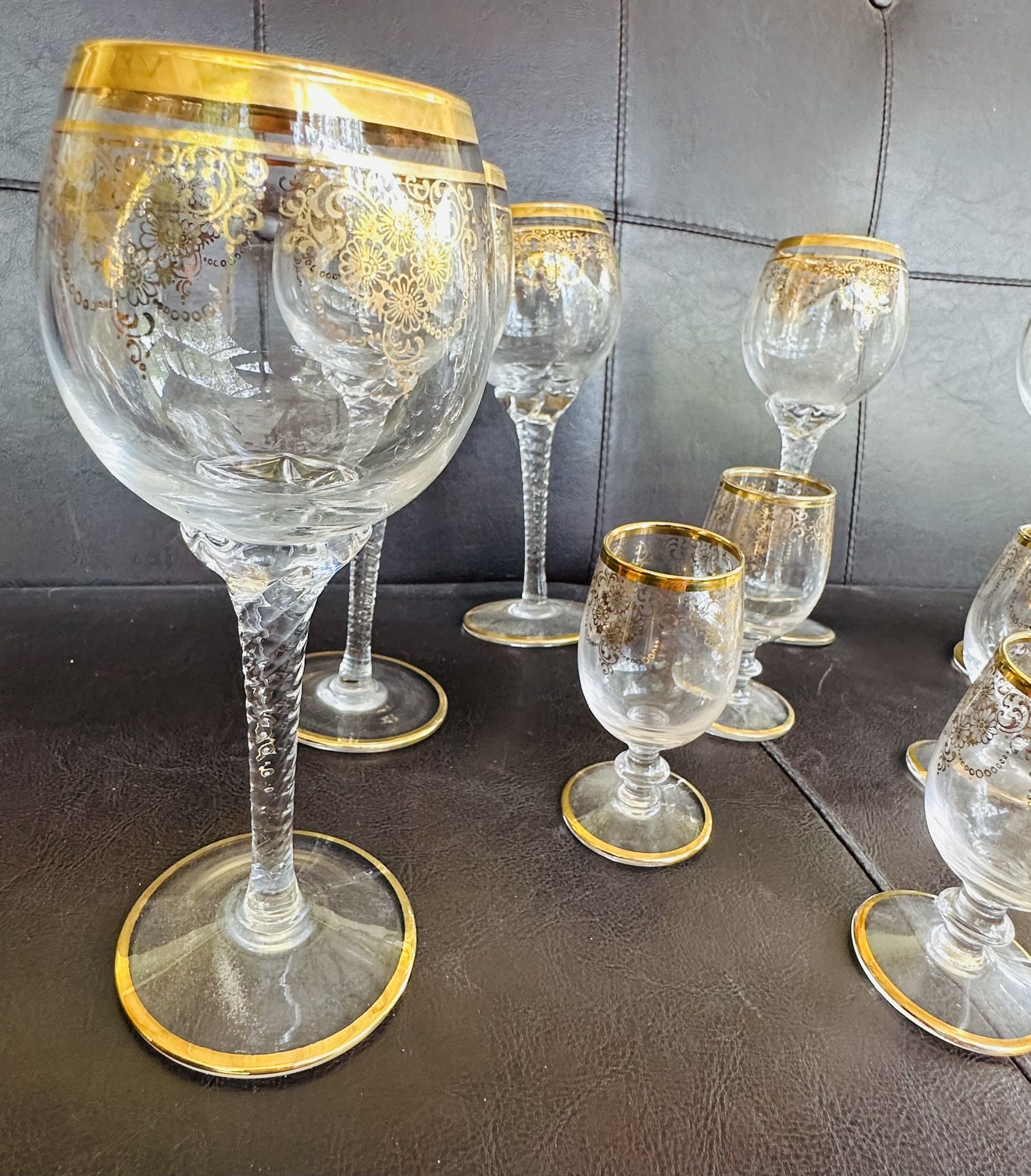 Vintage Italian Wine Glasses/Snifters Gold Gilding Clear Twisted Stem