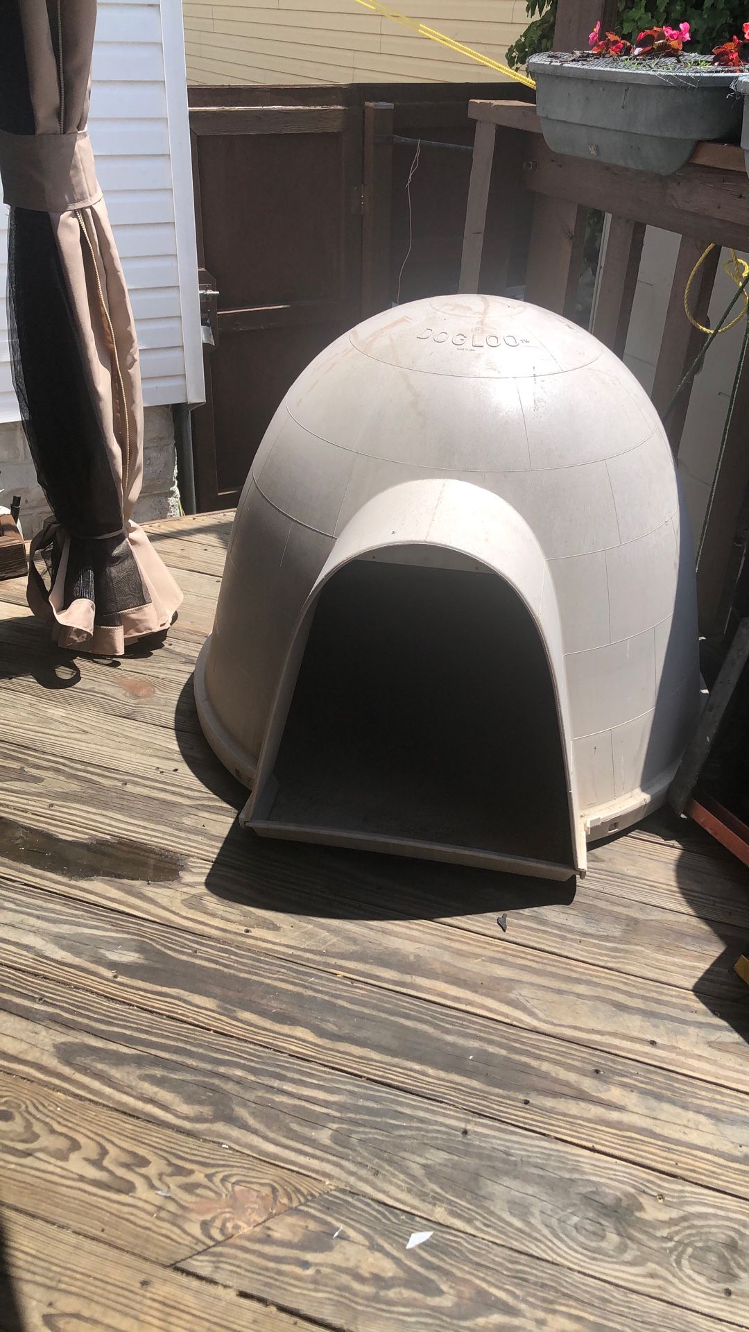 Large, fiberglass igloo, type dog house, color tan