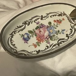 Lady’s Ashtray -Hand painted Porcelain Limoge Ash Tray W Brass Cigarette Rest