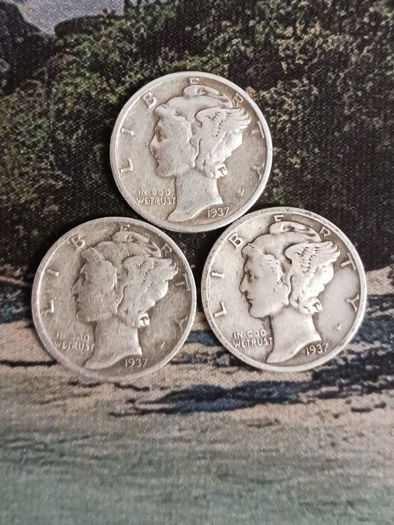 90% Silver Mercury Dimes 1937 P, D, & S 