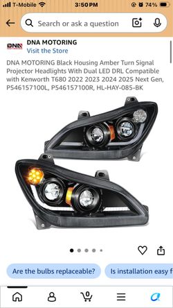DNA MOTORING Black Housing Amber Turn Signal Projector Headlights With Dual LED DRL Compatible with Kenworth T 2023 2024 2025 Next Gen, P54615