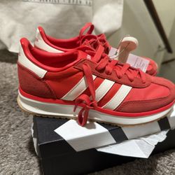 Adidas Run 70s 2.0 sneaker in red with white stripes and gum sole sizes 7