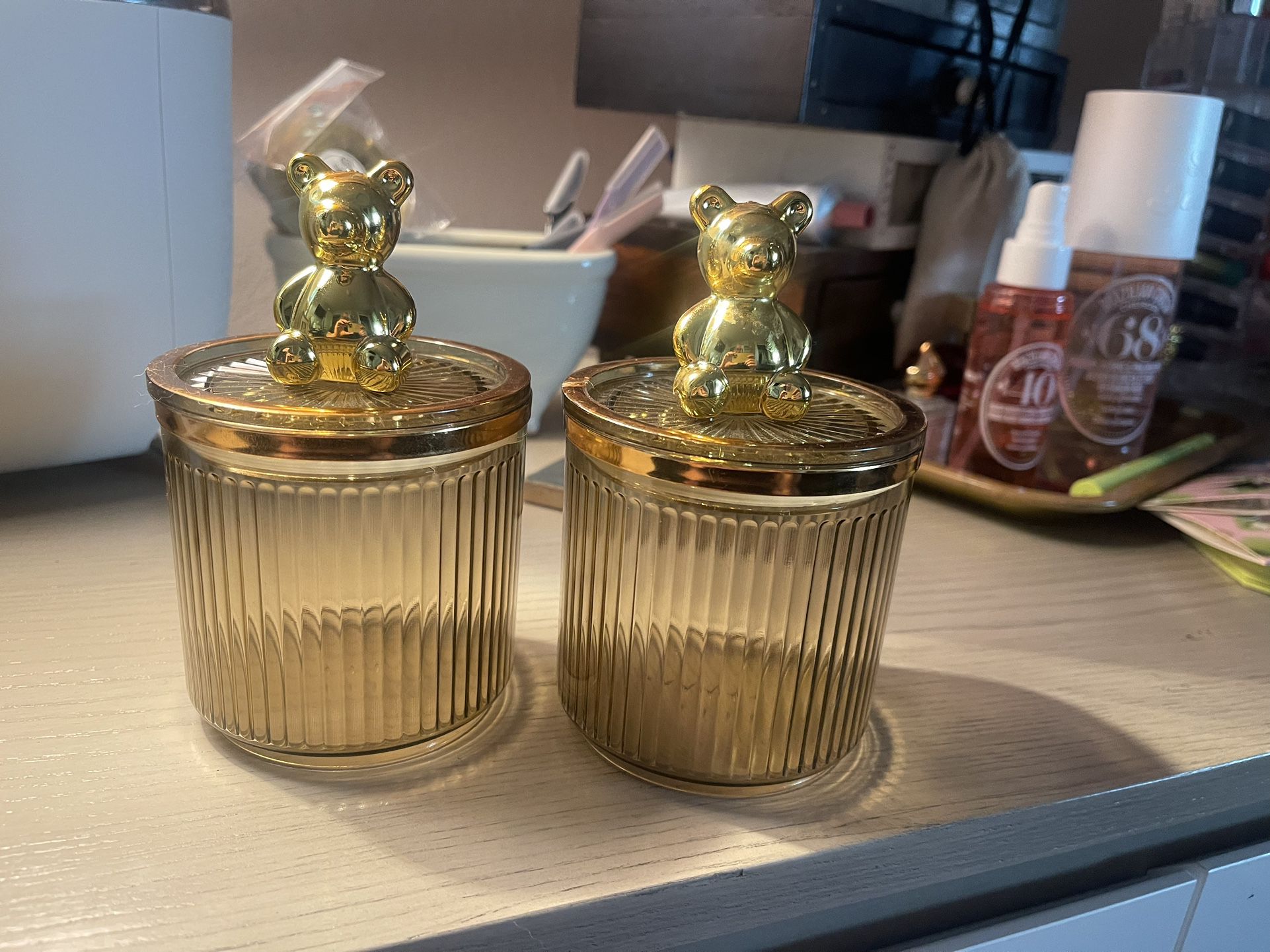 Gold Teddy Bear Makeup Jars 