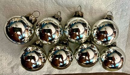 8 Mini Hand-Blown  Shiny Silver Glass Ornaments