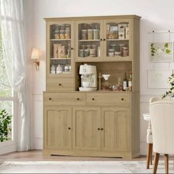 74.2'' Tall Kitchen Pantry Cabinet with Glass Doors, Large Hutched Storage Cabinet with Adjustable Shelf for Dining Room Living Room, Oak