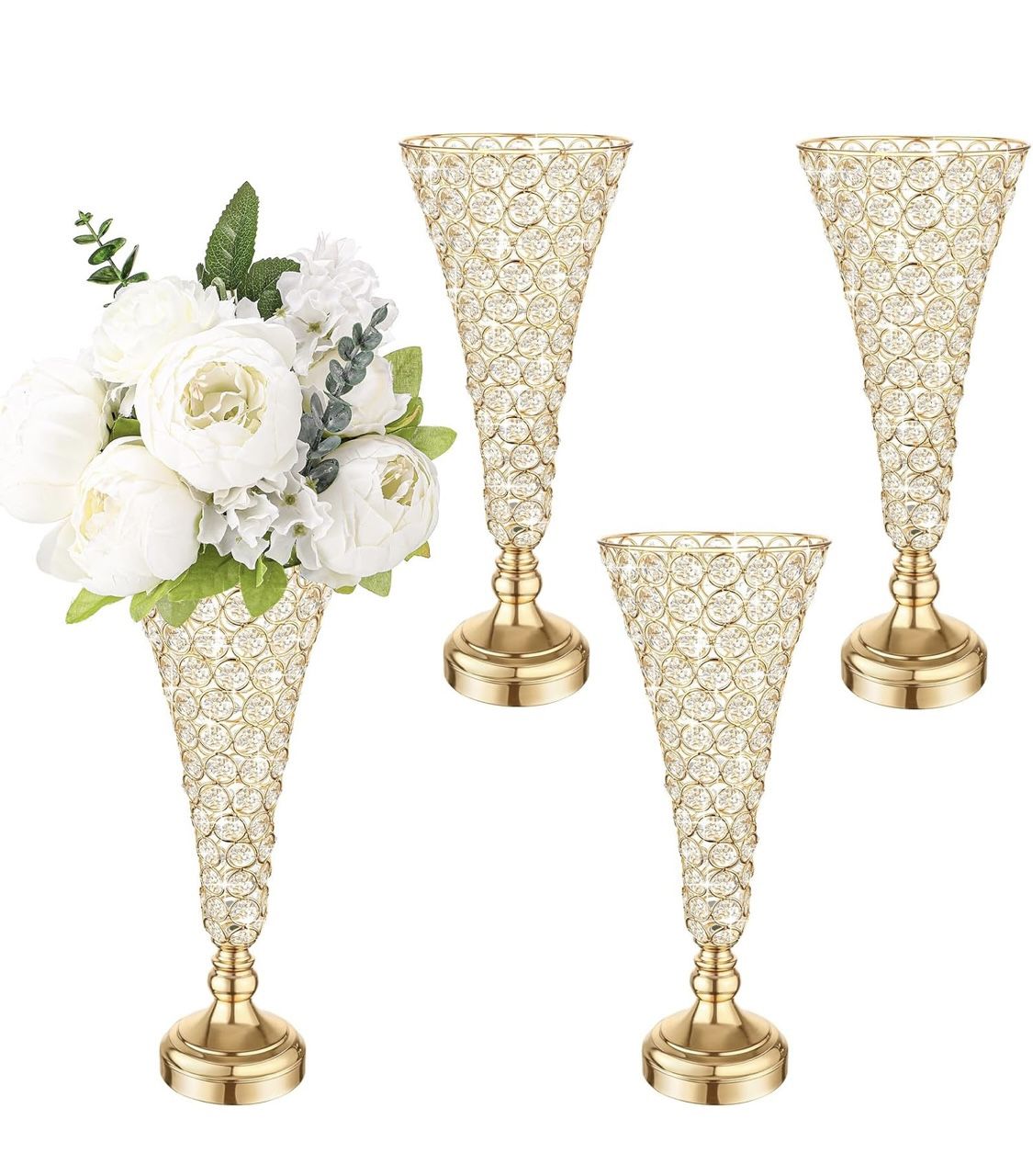 Mifoci 4 Pcs Gold Trumpet Vases for Centerpieces 16 Inch Crystal Flower Vase for Table Decor Wedding Party Favors Tall Floral Arrangement Stand Home D
