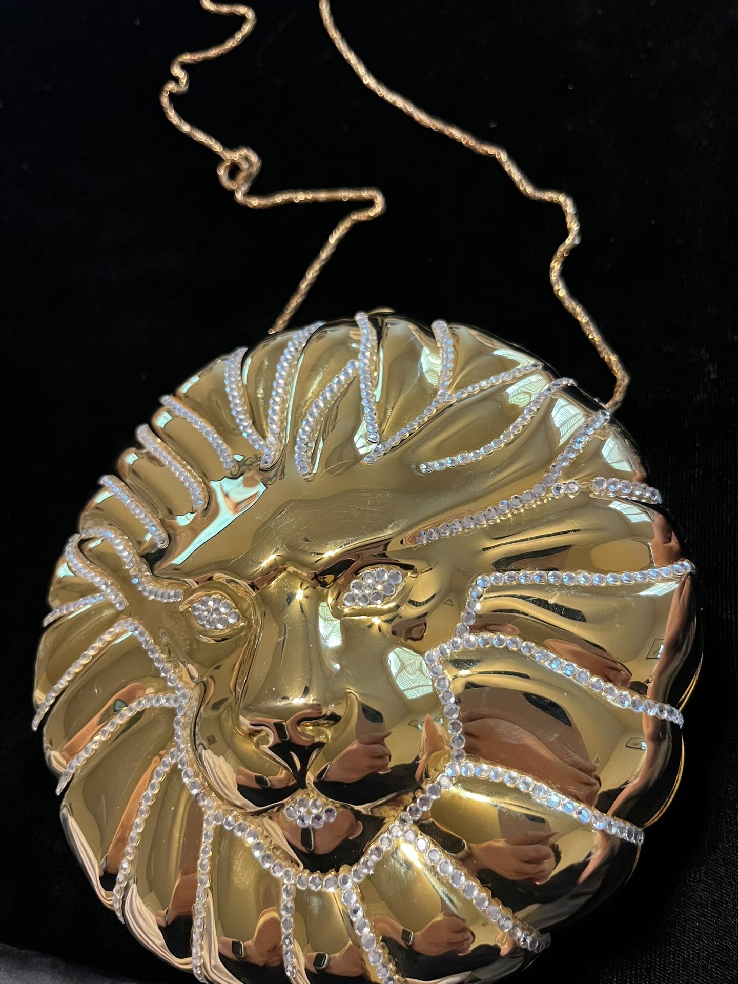 Gold Lion Face Clutch Bag With Pave Rhinestones