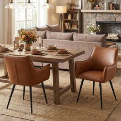 Unopened Brown PU Leather Chair, Upholstered Dining Room Chairs with Arms - Set of 6 - MCM Kitchen Chair - Black Metal Legs
