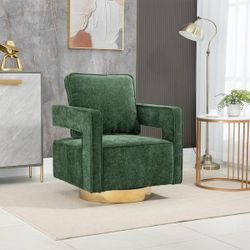 NEW 31 in. W Green Chenille 360° Swivel Arm Chair with Open Back and Gold Stainless Steel Base Club Chair Leisure Armchair