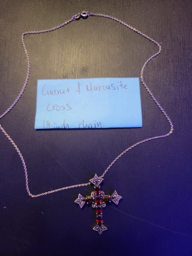 Garnet And Narcasite Cross Pendant Sterling