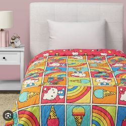 Hello Kitty Rainbow Quilted Blanket TWIN Two Sided Rollerblades 60”x90”